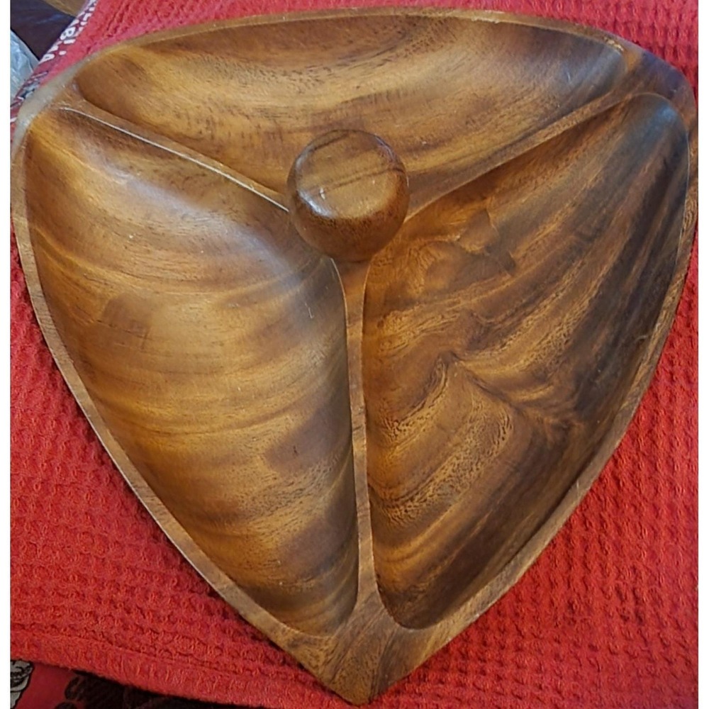 Vintage Hand Carved Monkey Pod Wood Tri Section Clover Tray Trinket 12x12 MCM